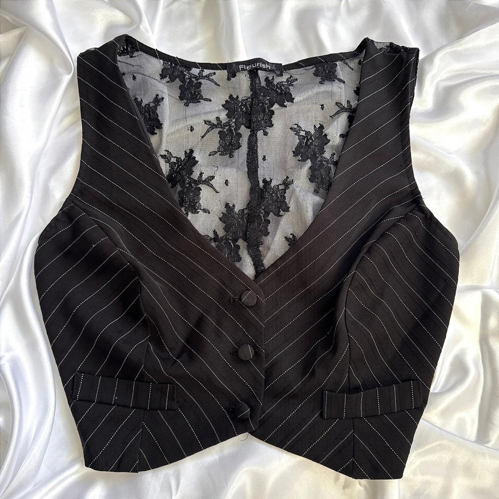 Fleurish Black Pinstripe Cropped Vest Sheer Floral Lace Back Waistcoat Womens